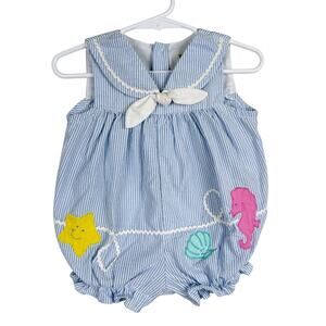 Vtg 90s Baby Togs Bubble Romper Sailor Blue Stripe - 3-6 Months